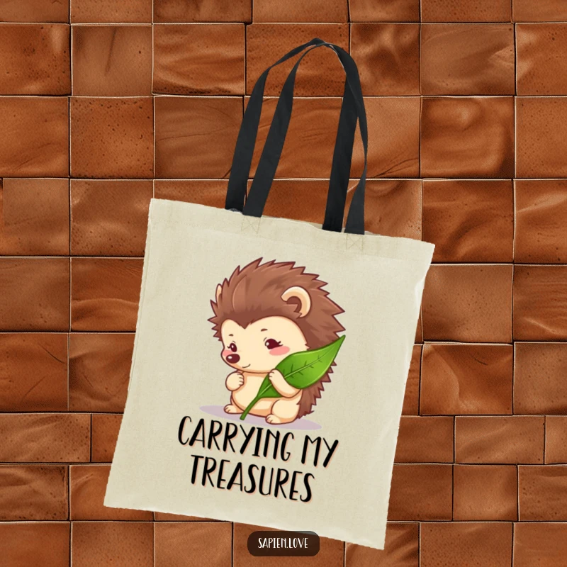 Funny Hedgehog Tote Bag featuring a curious hedgehog character inspecting a leaf, great for carrying essentials.