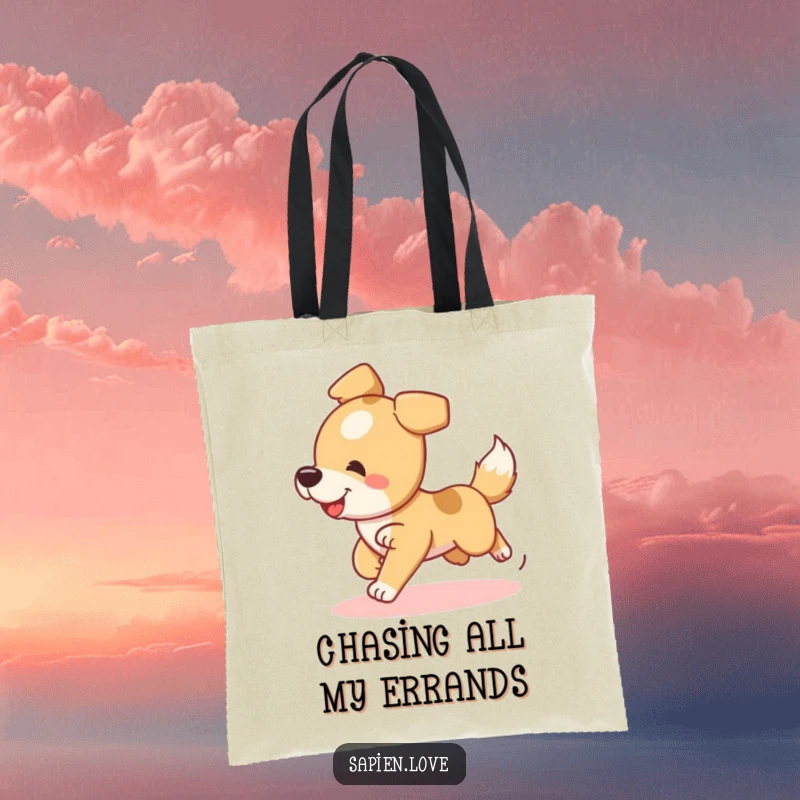 Funny Dog Tote Bag featuring a playful dog character in a dizzying tail chase, great for dog moms.
