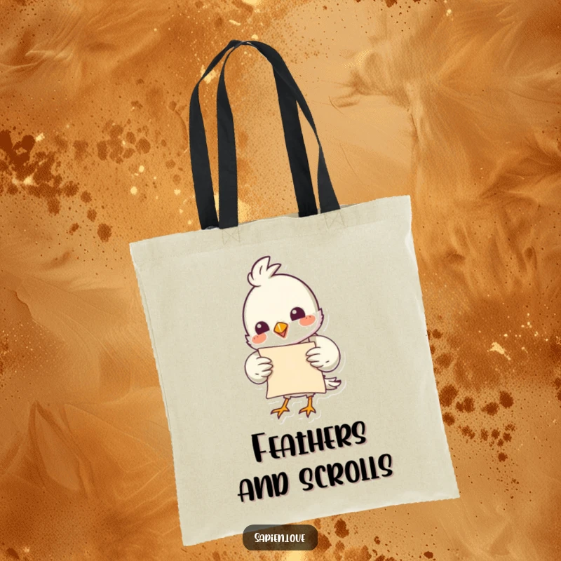Funny bird character clutching a rolled parchment, ready for errands, on a durable and fashionable tote bag.