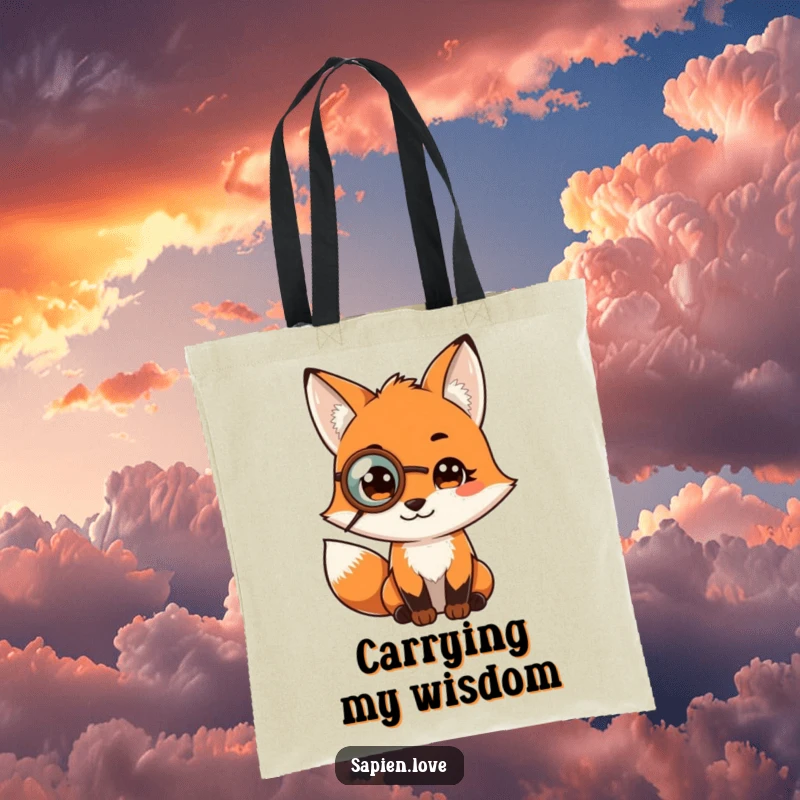 Funny tote bag depicting a fox character wearing a monocle, designed for carrying essentials with amusing intelligence and sophistication.