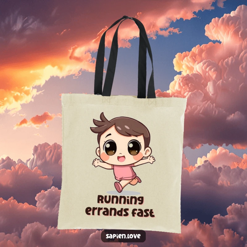 Funny Kawaii Tote Bag: A cute character with large, expressive eyes runs with pure excitement.
