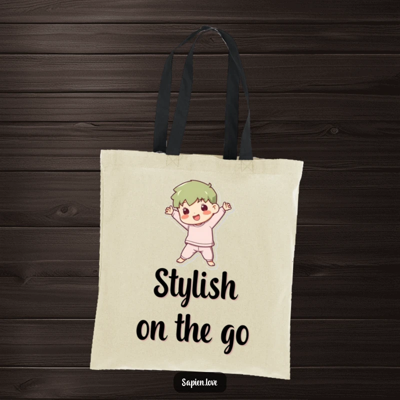 Funny Tote Bag: A kawaii human character strikes a dynamic and playful pose, showcasing a fun and energetic personality.