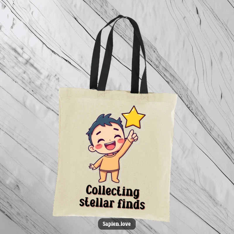 Funny Tote Bag: A kawaii human character with a huge, delighted grin is reaching upwards, aiming to catch a sparkling star.