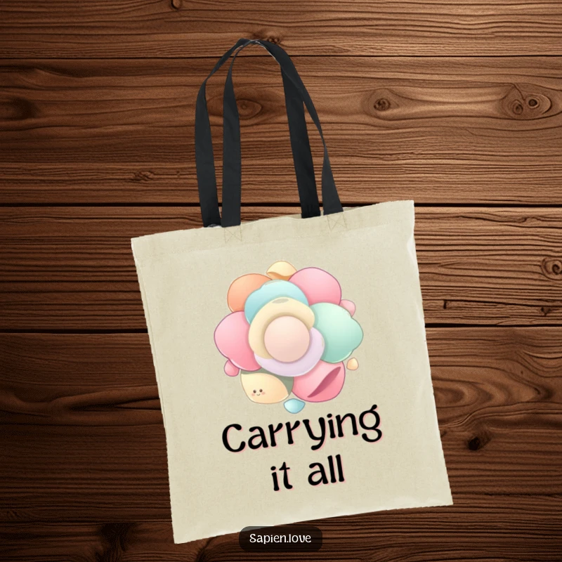 Funny Organic Flow tote bag with smooth, organic shapes depicted gently floating and spinning in unison, ideal for shopping with a peaceful, whimsical vibe.