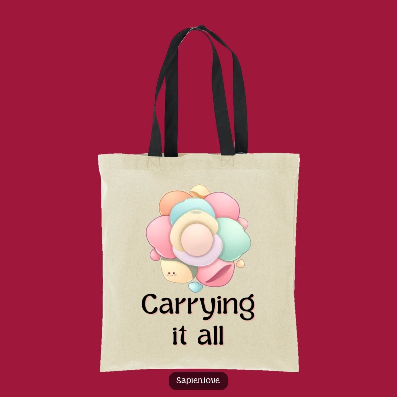 Carry your essentials with a sense of calm with this funny organic tote bag. The design features smooth shapes floating and spinning, a humorous and practical accessory.