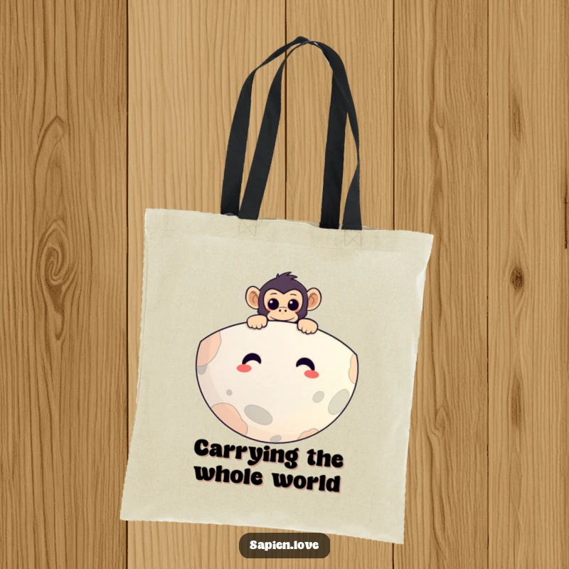 Funny tote bag featuring a curious monkey peeking over a smiling planet, showcasing a unique and humorous travel companion.