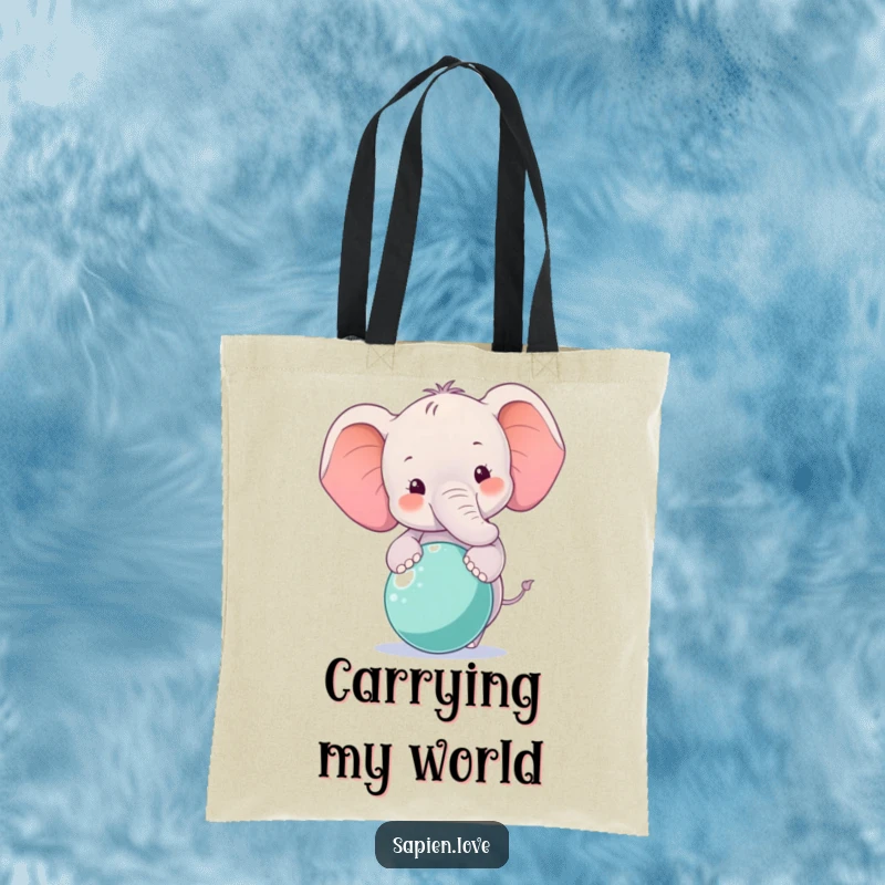Funny Elephant Tote Bag featuring a smiling elephant character balancing a ball, great for carrying essentials with humor.