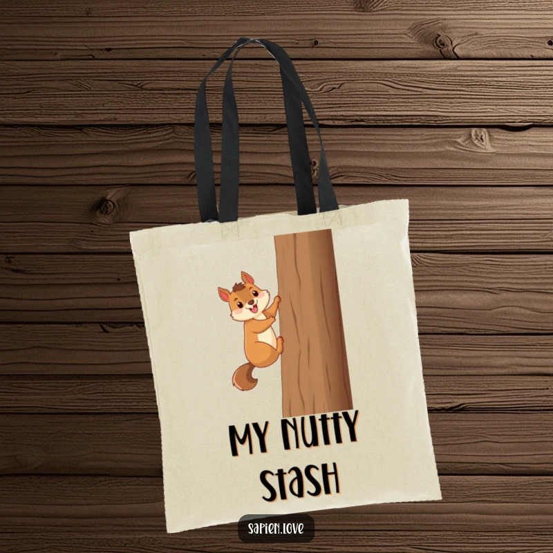 Funny smiling squirrel excitedly climbs a tall tree, a humorous and practical tote bag.