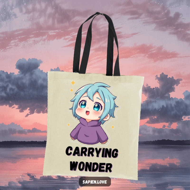 Funny Tote Bag: A human character with twinkling eyes looks upwards in amazement, symbolizing wonder and delightful discovery.