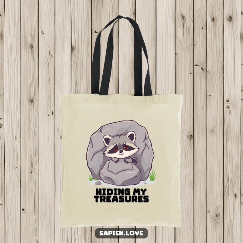 Funny bipedal raccoon character peeking from behind a large rock on a tote bag, ideal for carrying essentials.