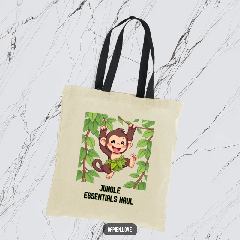 Funny kawaii primate tote bag, a happy character swinging from a vine, jungle-themed practical humorous gift.