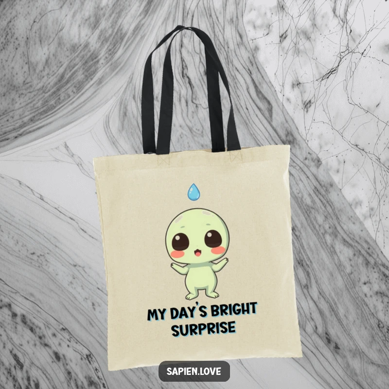 Funny tote bag illustration of a surprised alien reacting to a friendly, smiling raindrop falling from the sky.