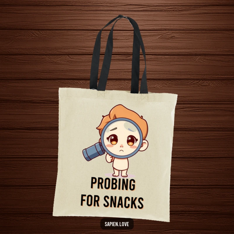 Funny Tote Bag: A human character with a curious expression holds a magnifying glass, ready to explore and discover with a smile.