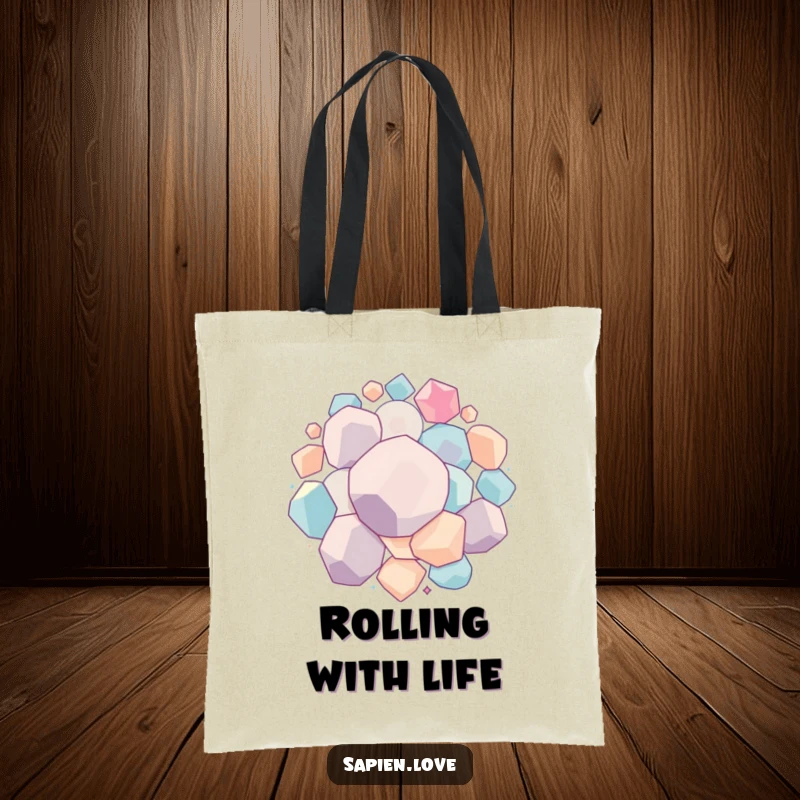 Funny Geometric Bounce tote bag with interconnected geometric forms depicted bouncing and rolling together, ideal for shopping with a sense of playful motion.
