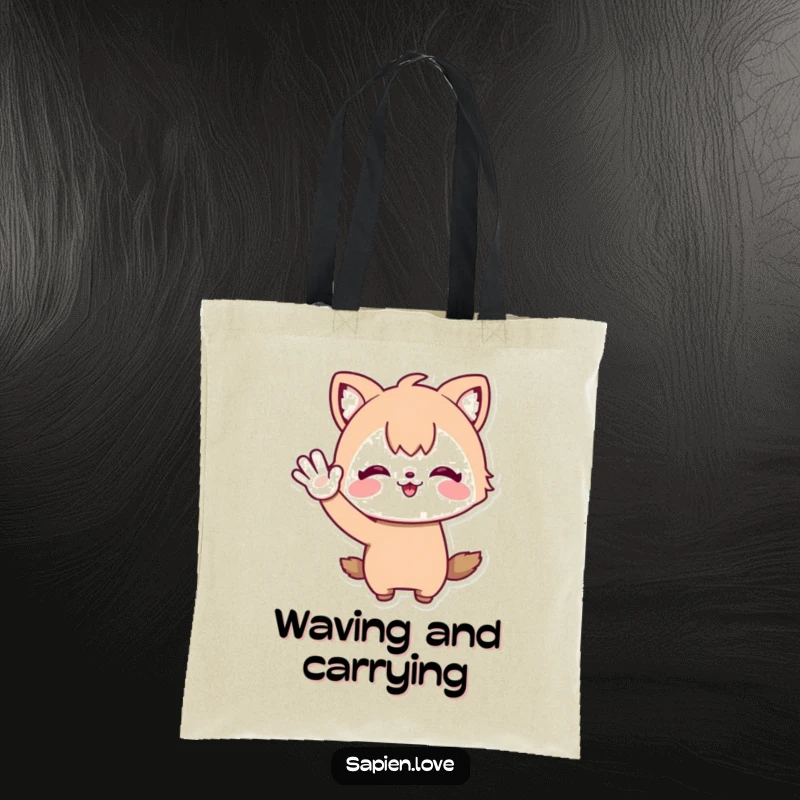 Funny Tote Bag: A whimsical character with animal ears waving energetically, ready to carry your belongings with a smile.